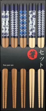 Essstaebchen, japanische Art, hellbraun u. beige, Blaumotiv, 5 Paar, 22,5cm lang